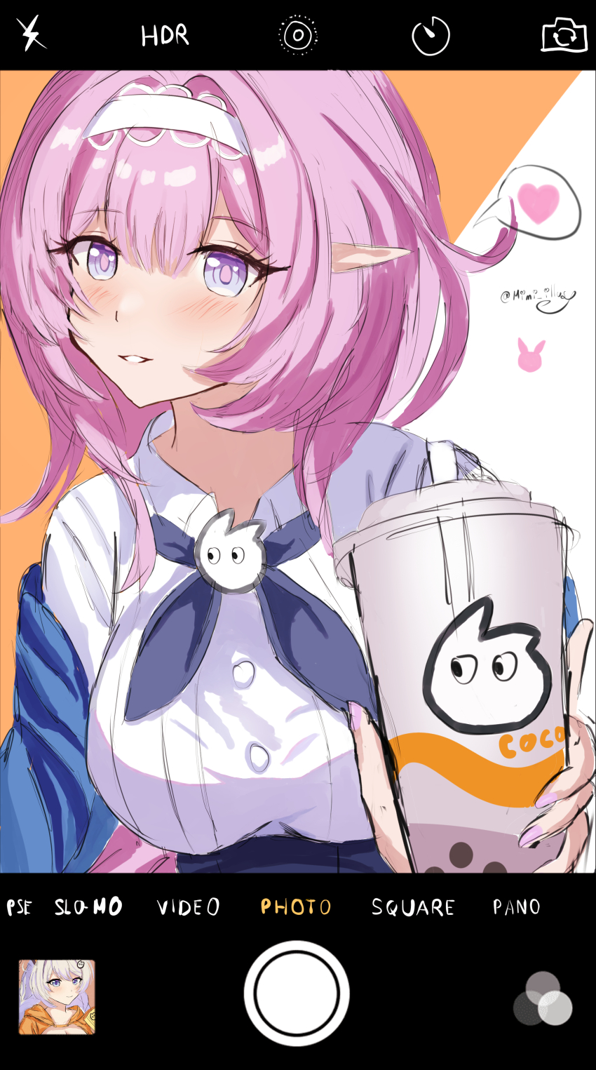 1girl absurdres blue_eyes blue_neckerchief breasts bubble_tea commentary cup disposable_cup elf elysia_(coco)_(honkai_impact) elysia_(honkai_impact) fake_phone_screenshot fake_screenshot hairband highres holding holding_cup honkai_(series) honkai_impact_3rd kiana_kaslana kiana_kaslana_(coco) large_breasts long_hair mimiliaa neckerchief official_alternate_costume parted_lips pink_hair pointy_ears shirt solo white_hairband white_shirt