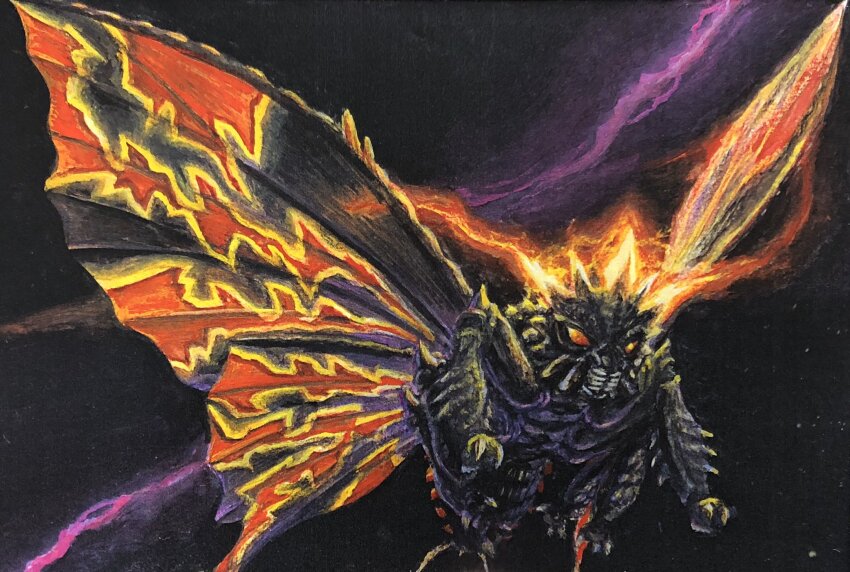 battra black_background bug butterfly electricity energy flying g.n.a glowing_horns godzilla_(series) godzilla_vs._mothra highres horns insect kaiju mandibles moth night no_humans orange_electricity pincers pink_electricity purple_electricity simple_background sky stinger toho wings