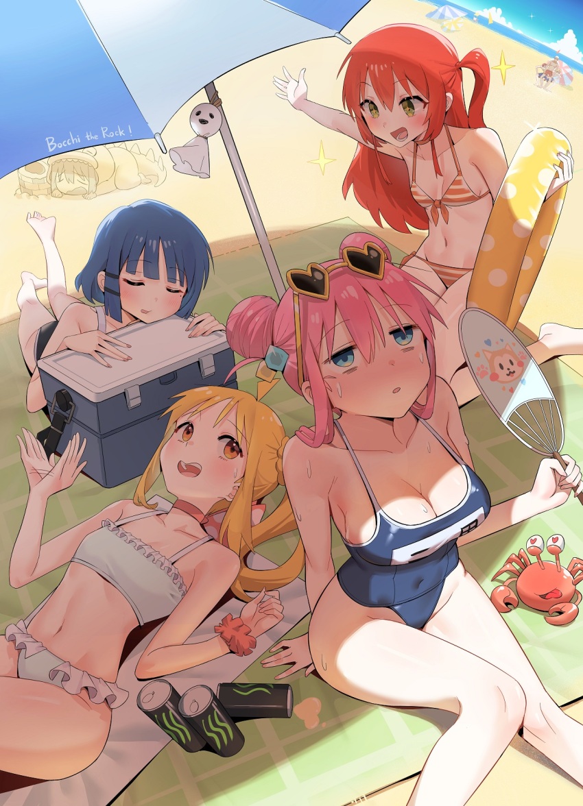 4girls arched_back bare_shoulders beach_mat beach_umbrella bikini blonde_hair blue_eyes blue_hair blue_one-piece_swimsuit blunt_bangs bocchi_the_rock! brand_name_imitation breasts bygin can choker cleavage collarbone commentary cooler copyright_name covered_navel crab cube_hair_ornament day double_bun english_commentary fanning_self frilled_bikini frills gotoh_hitori groin hair_between_eyes hair_bun hair_ornament hands_up heart heart-shaped_eyewear heart-shaped_pupils highres holding holding_swim_ring horizon ijichi_nijika innertube kita_ikuyo kneeling knees_together_feet_apart looking_at_breasts looking_up lying mole mole_under_eye monster_energy motion_lines multiple_girls name_tag navel new_school_swimsuit ocean on_back one-piece_swimsuit open_mouth outdoors outstretched_arm pink_hair polka_dot_innertube raised_eyebrows red_hair sand_sculpture school_swimsuit scrunchie side_ponytail sitting small_breasts smile spill striped_bikini striped_clothes sunglasses sweat swim_ring swimsuit symbol-shaped_pupils thighs tongue tongue_out umbrella water wrist_scrunchie yamada_ryo yellow-framed_eyewear