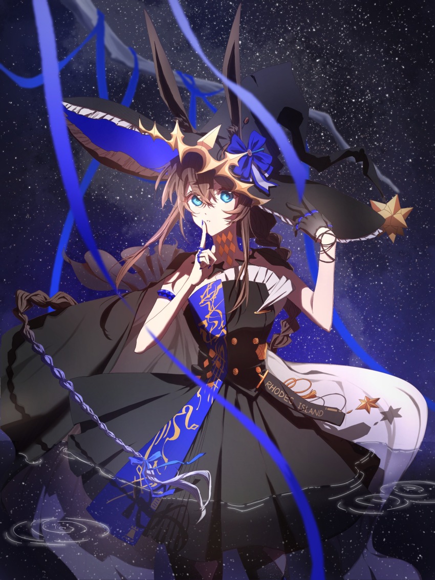 1girl absurdres ambience_synesthesia amiya_(arknights) amiya_(medic)_(arknights) amiya_(medic)_(solo_around_the_world)_(arknights) animal_ears arknights armlet bare_shoulders black_cape black_dress black_gloves black_hat blue_bow blue_eyes bow braid brown_hair cape chinese_commentary commentary_request dress ears_through_headwear finger_to_mouth frills gloves gradient_hair hair_between_eyes hair_bow hat highres jewelry long_hair looking_at_viewer multicolored_hair official_alternate_costume purple_hair ring ripples single_glove solo space star_(sky) witch_hat x_san_suo_suan_xunhuan_x