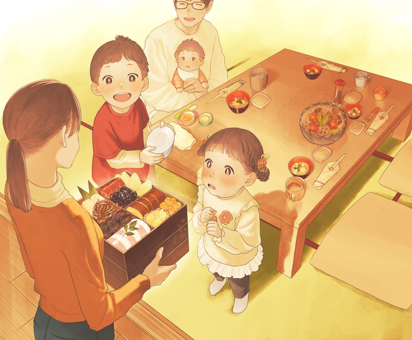 1other 2boys 2girls baby bib black_pants braid brown_hair carrying_baby carrying_person child chopsticks closed_eyes cushion dinner dress family flower food glasses hair_flower hair_ornament highres indoors kanai_(nai_nai) multiple_boys multiple_girls orange_shirt pants plate ponytail red_shirt shirt short_hair sitting socks soy_sauce spoon standing t-shirt table tatami white_socks yellow_dress