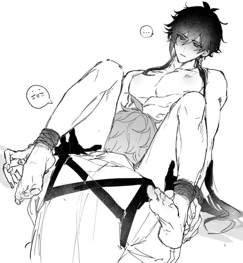 ... 2boys barefoot bound bound_legs clothed_male_nude_male fellatio genshin_impact gloves greyscale hamtaru542899 hand_on_another&#039;s_thigh highres implied_fellatio monochrome mors_gn multiple_boys nipples nude oral sex tartaglia_(genshin_impact) twitter white_background yaoi zhongli_(genshin_impact)