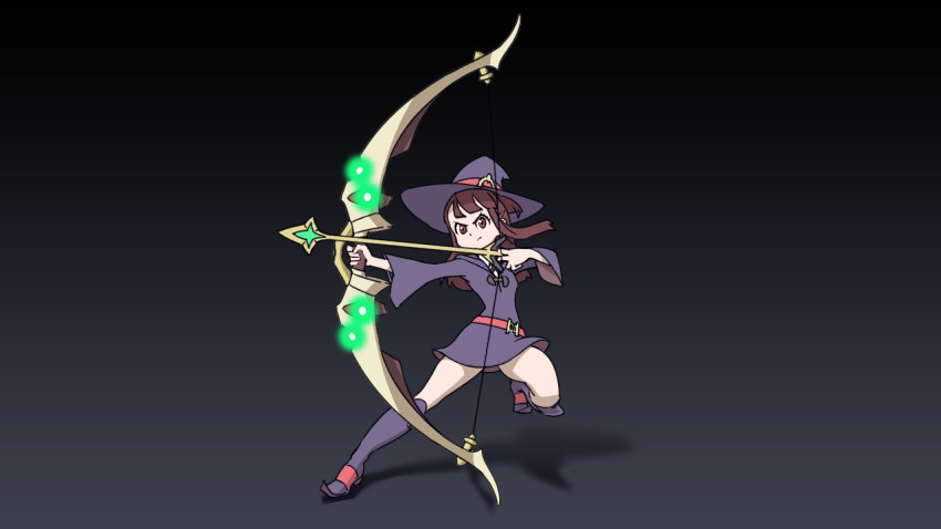 1girl archery boots bow brown_hair emiladylbekuulu hat kagari_atsuko legs little_witch_academia long_hair non-web_source red_eyes shiny_rod_(little_witch_academia) skirt studio_trigger trigger_(company) witch_hat