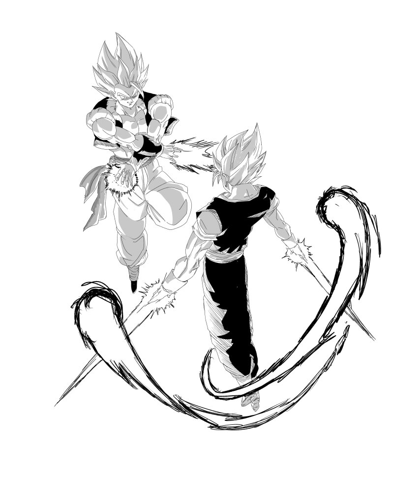 2boys absurdres arm_blade aura boots cropped_vest dragon_ball dragon_ball_z_dokkan_battle dragonball_z earrings energy_blade full_body gloves gogeta greyscale highres jewelry kazumax76 looking_at_another medium_hair metamoran_vest monochrome multiple_boys muscular muscular_male no_shirt open_clothes open_vest potara_earrings sash spiked_hair super_saiyan vegetto vest weapon