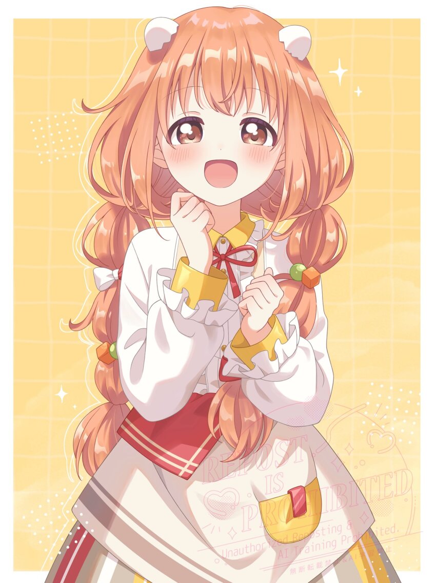 1girl apron blush border braid brown_apron brown_skirt center_frills collared_dress cowboy_shot dress egg_hair_ornament food-themed_hair_ornament frilled_dress frills grid_background hair_ornament hands_up highres kirara_tamako kirara_tamako_(1st_costume) layered_sleeves long_hair long_sleeves looking_at_viewer low_twin_braids neck_ribbon nijisanji object_in_pocket open_mouth orange_eyes orange_hair outside_border pocket red_ribbon ribbon sakamoto_momono skirt smile solo standing striped_clothes striped_skirt twin_braids vertical-striped_clothes vertical-striped_skirt virtual_youtuber watermark white_border white_dress yellow_background