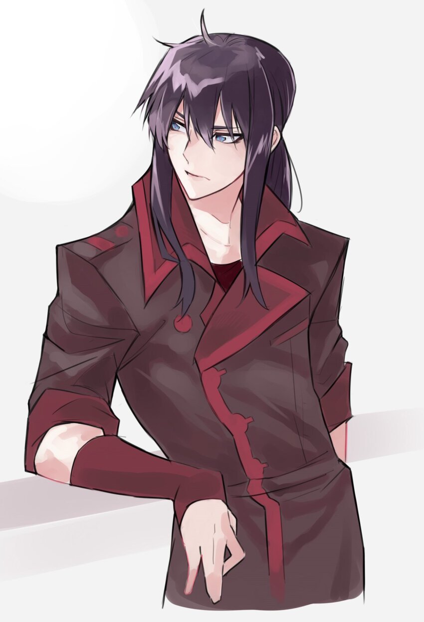 1boy ahoge arm_on_wall black_order_uniform blue_eyes brown_coat coat collared_coat d.gray-man george_man grey_background hair_between_eyes highres kanda_yuu long_hair looking_to_the_side low_ponytail military military_uniform ponytail purple_hair red_shirt red_stripes red_wrist_cuffs shirt sidelocks solo striped_coat wrist_cuffs