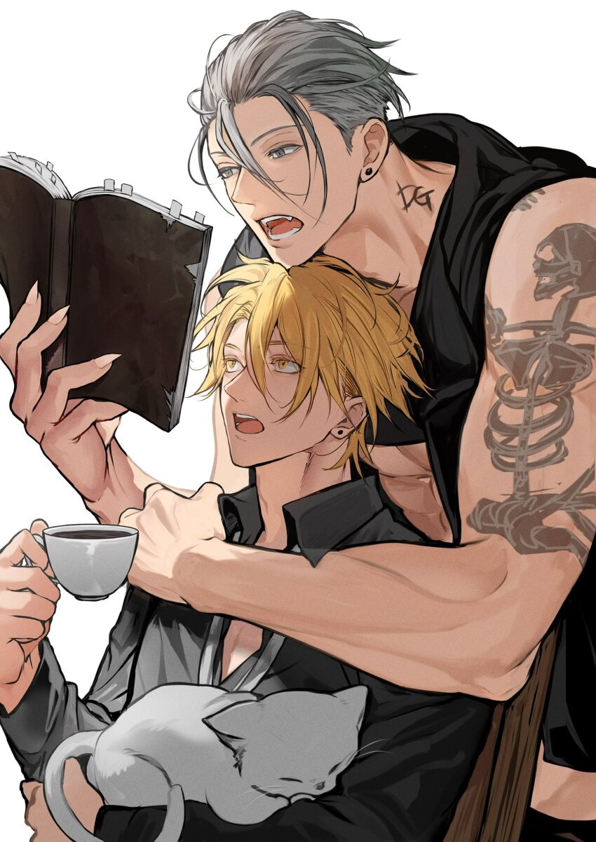 2boys animal arm_tattoo bakshi_christensen black_shirt blonde_hair book cat coffee collared_shirt cup ear_piercing expressionless fingernails giancarlo_bourbon_del_monte grey_cat grey_hair hair_between_eyes highres holding holding_animal holding_book holding_cup hood hoodie hug hug_from_behind long_sleeves looking_at_object lucky_dog_1 male_focus miyamoyan mug multiple_boys muscular muscular_male open_mouth piercing reading sharp_fingernails shirt short_hair simple_background sleeveless sleeveless_hoodie tattoo teeth upper_body white_background yaoi