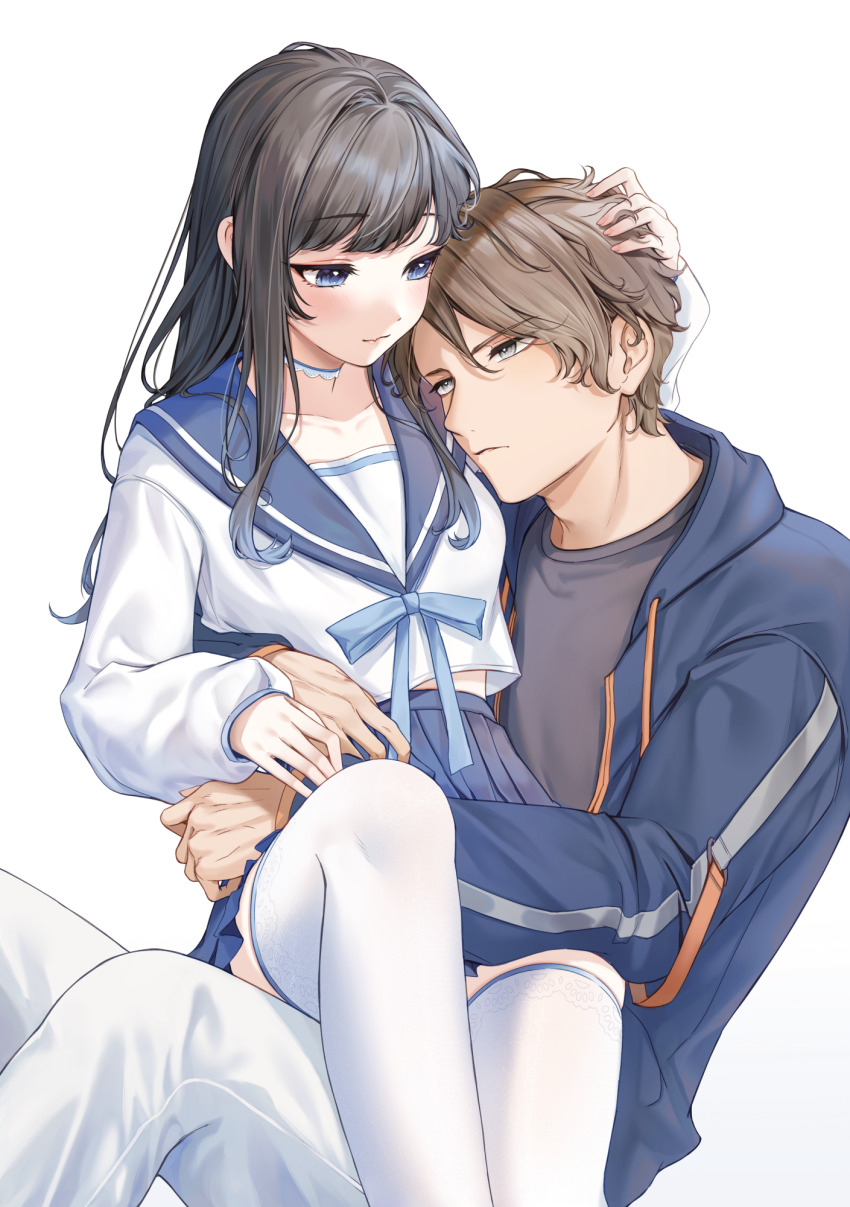 1boy 1girl black_hair blue_eyes blue_jacket blue_sailor_collar blue_skirt brown_hair carrot_(robosquat) couple fang grey_shirt hair_intakes hand_in_another&#039;s_hair hand_on_another&#039;s_head hetero highres hood hooded_jacket hug jacket lace lace-trimmed_thighhighs lace_trim light_smile long_hair looking_at_another nadeshiko_(carrot_robosquat) open_clothes open_jacket original pants pleated_skirt sailor_collar school_uniform serafuku shirt sidelocks simple_background skin_fang skirt thighhighs white_background white_pants white_shirt white_thighhighs youta_(carrot_robosquat)
