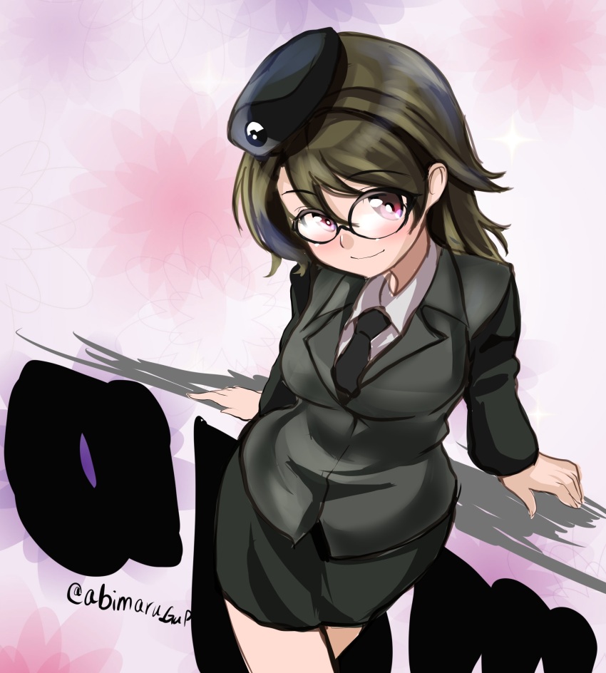 1girl abimaru_gup absurdres bespectacled black_necktie black_skirt blush breasts brown_hair character_request collared_shirt emblem formal_clothes garrison_cap girls_und_panzer glasses hat highres japanese_tankery_league_(emblem) large_breasts long_hair looking_at_viewer military miniskirt necktie pencil_skirt red_eyes selection_university_military_uniform shirt skirt skirt_suit smile solo suit translation_request twitter_username white_shirt