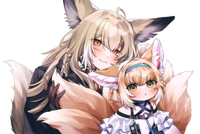2girls ahoge animal_ear_fluff animal_ears arknights bare_shoulders black_collar black_jacket blonde_hair blue_hairband blush braid braided_hair_rings brown_gloves closed_mouth clothing_cutout collar collared_shirt colored_tips dress facial_scar female_focus formal_clothes fox_ears fox_girl fox_tail frilled_sleeves frills gloves green_eyes hair_rings hairband highres id_card infection_monitor_(arknights) jacket kitsune kyuubi long_hair long_sleeves looking_at_viewer mother_and_daughter multicolored_hair multiple_girls multiple_tails necktie orange_eyes parted_lips red_necktie scar scar_on_cheek scar_on_face shirt short_hair shoulder_cutout sidelocks simple_background smile suit suzuran_(arknights) tail takumi_mizuki twin_braids two-tone_hair upper_body vulpisfoglia_(arknights) white_background white_dress white_hair white_shirt