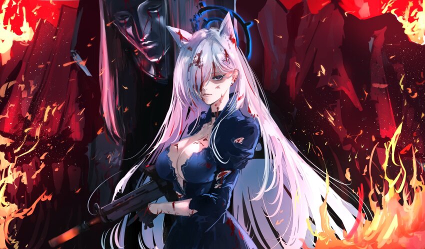 1boy 1girl animal_ears armor assault_rifle behind_another black_choker black_dress black_eyes black_gloves bleeding blood blood_in_hair blood_on_clothes blood_on_face blue_archive breasts broken_halo choker cleavage closed_mouth dress earrings embers fire frown gloves glowing_hot gun hair_ornament hair_over_one_eye halo highres holding holding_gun holding_weapon injury jewelry juliet_sleeves large_breasts long_hair long_sleeves looking_at_viewer mask one_eye_covered osakana_(denpa_yun&#039;yun) pauldrons phrenapates_(blue_archive) pink_hair plunging_neckline puffy_sleeves red_pupils rifle serious shiroko_(blue_archive) shiroko_terror_(blue_archive) shoulder_armor suppressor upper_body very_long_hair weapon
