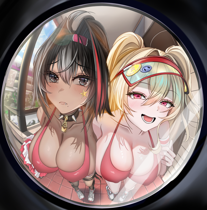 2girls absurdres bare_shoulders bay_(nikke) bikini bikini_top_only black_hair blonde_hair breasts cheerleader choker clay_(nikke) cleavage closed_mouth collarbone dark-skinned_female dark_skin fang fisheye goddess_of_victory:_nikke hair_behind_ear highres holding holding_pom_poms indoors kaminoringo large_breasts light_blush lock long_hair looking_at_viewer lower_teeth_only miniskirt mole mole_on_breast mole_under_mouth multiple_girls open_mouth pale_skin pom_pom_(cheerleading) pom_poms ponytail red_bikini red_eyes shadow shoes skirt sneakers swimsuit teeth twintails visor_cap