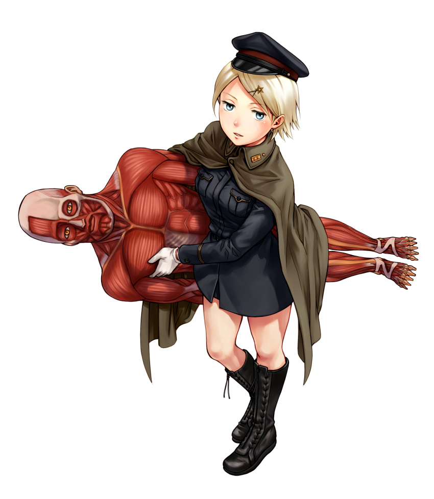 1girl anatomical_model anbe_yoshirou blonde_hair blue_eyes boots female_focus from_above full_body gloves hat highres maurice_merleau-ponty parted_lips short_hair simple_background solo source_request tetsugaku_girls white_background white_gloves