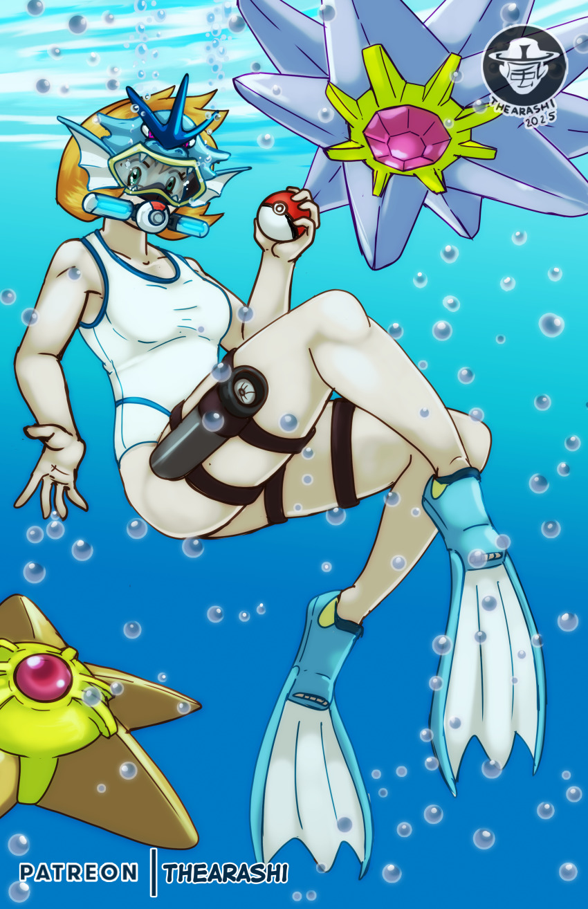 1girl absurdres air_bubble alternate_color artist_name bare_arms bare_shoulders breasts bubble collarbone competition_swimsuit crossover diving_mask diving_mask_on_head evolutionary_line fins flippers freediving full_body gen_1_pokemon goggles goggles_on_head gyarados hand_up head_fins highres holding holding_poke_ball holster medium_breasts misty_(pokemon) nintendo one-piece_swimsuit orange_hair poke_ball poke_ball_(basic) pokemon pokemon_(creature) pokemon_hgss pouch print_swimsuit short_hair snorkel starmie staryu swimsuit thearashi thigh_holster thigh_pouch thigh_strap underwater white_one-piece_swimsuit