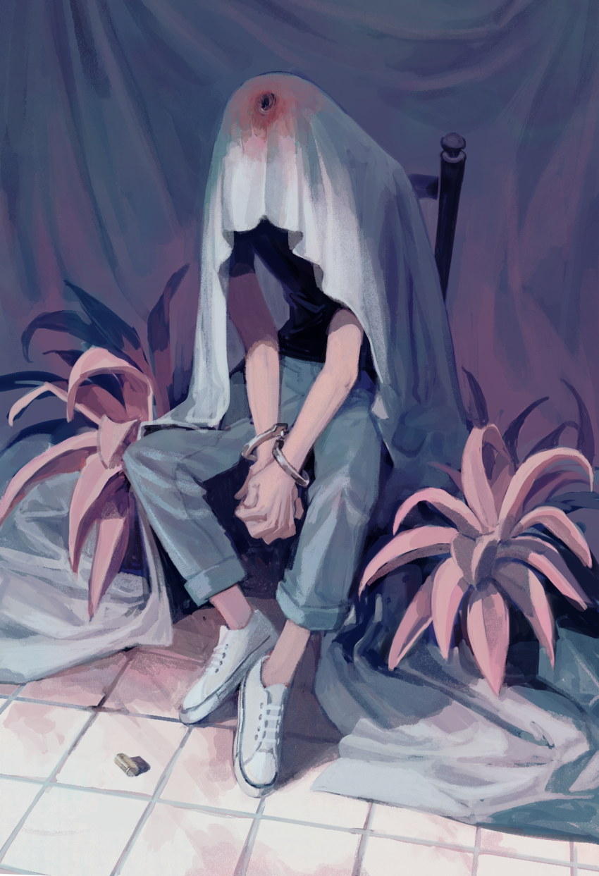 1boy arms_between_legs black_shirt blanket blood blouse blue_pants bullet_hole chair clea_(geee13) covered_face cuffed cuffs death full_body handcuffs headshot highres injury leaning_forward male_focus on_chair original pants plant shell_casing shirt shoes sitting sneakers solo tile_floor tiles white_shoes wooden_chair