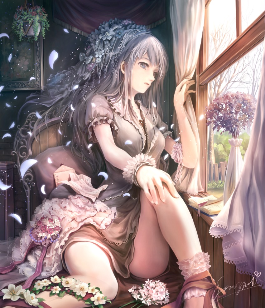 1girl bare_legs blue_eyes book breasts chair curtains female_focus flower grey_hair hair_ornament highres indoors long_hair looking_away md5_mismatch medium_breasts open_mouth original painting_(object) petals resolution_mismatch scenery signature sitting solo soraizumi source_smaller vase window