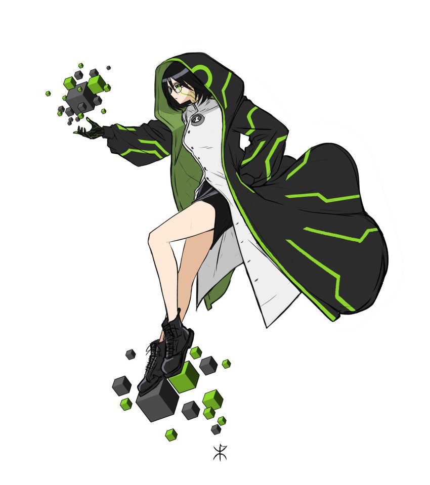 1girl alien animification apoloniodraws ben_10 black_eyes black_hair coat cube green_pupils highres miniskirt omnitrix short_hair skirt technology trench_coat upgrade_(ben_10)