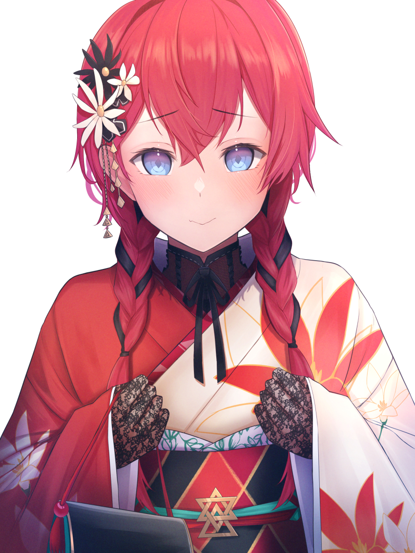 1girl absurdres ange_katrina ange_katrina_(new_year) bag black_flower black_gloves black_hair black_sash blue_eyes blush closed_mouth commentary_request diamond-shaped_pupils diamond_(shape) double-parted_bangs floral_print floral_print_kimono flower gloves hair_between_eyes hair_flower hair_ornament hair_over_shoulder handbag hands_up highres holding holding_bag japanese_clothes kanzashi kimono lace lace_gloves long_bangs looking_at_viewer low_twintails multicolored_hair multicolored_sash nesar777 nijisanji obi obiage obijime orange_sash print_kimono raised_inner_eyebrows red_hair red_kimono red_sash sash simple_background smile solo straight-on streaked_hair symbol-shaped_pupils tsumami_kanzashi twintails two-tone_hair upper_body virtual_youtuber white_background white_flower white_kimono