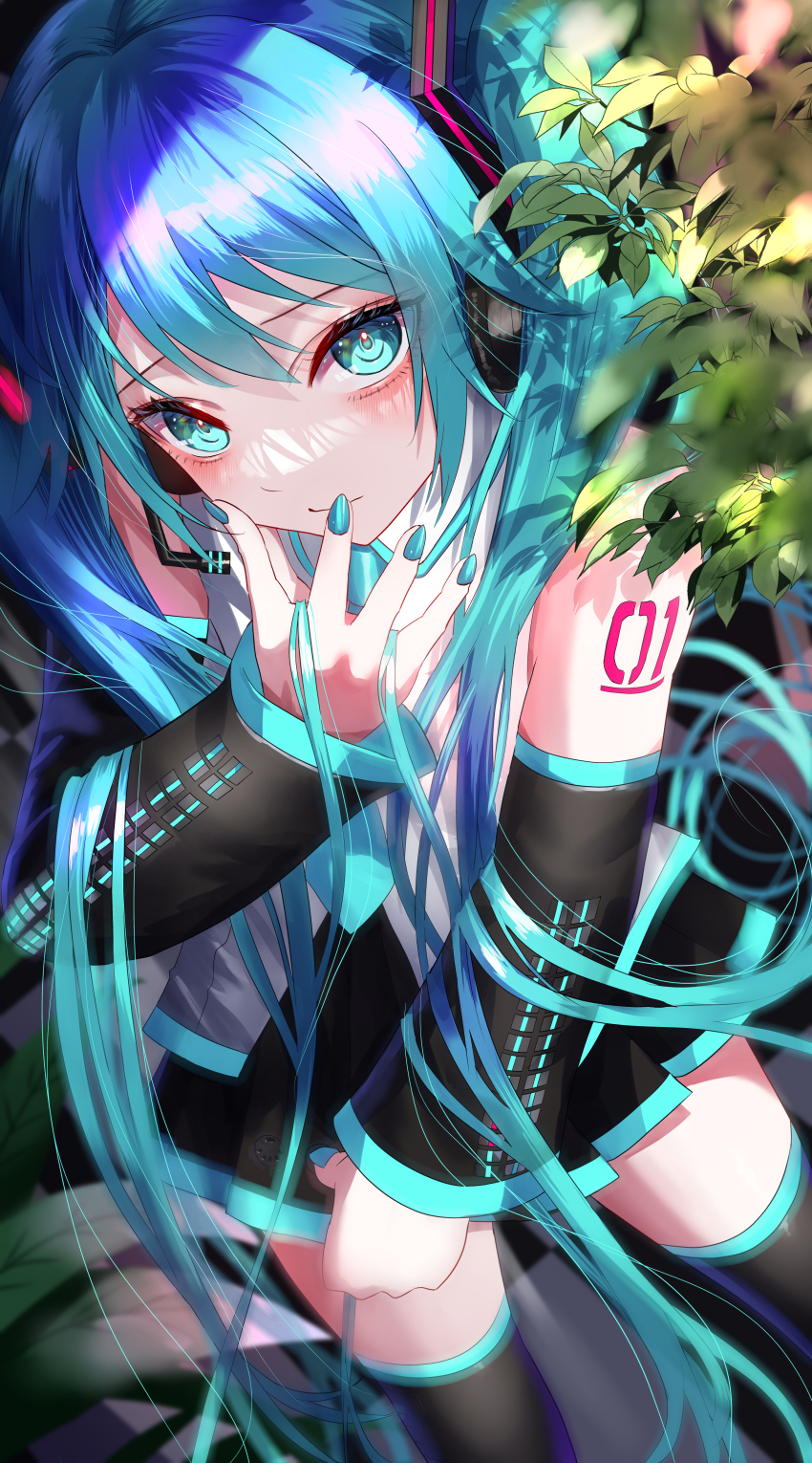 1girl absurdres aqua_eyes aqua_hair aqua_nails aqua_necktie bare_shoulders black_skirt black_sleeves blush breasts detached_sleeves grey_shirt hair_ornament hatsune_miku headphones headset highres long_hair looking_at_viewer necktie number_tattoo outdoors shirt skirt sleeveless solo tattoo thighhighs twintails very_long_hair vocaloid yusuke_(shiota)