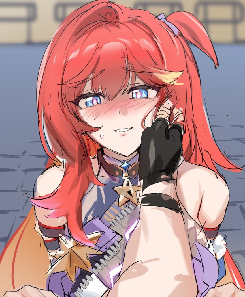 1boy 1girl :d bare_shoulders black_gloves blue_eyes blush breasts bright_pupils entropy_(honkai_impact) entropy_(honkai_impact_3rd) fingerless_gloves gloves grin hand_on_another&#039;s_cheek hand_on_another&#039;s_face highres honkai_(series) honkai_impact_3rd large_breasts long_hair looking_at_viewer male_dreamseeker_(honkai_impact) open_mouth orange_hair outdoors pov pov_hands saki_(remainaddd) senadina_(deepspace_anchor:_first_light) senadina smile teeth white_pupils