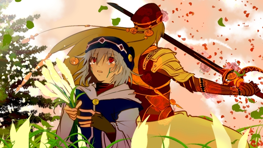 .hack// .hack//g.u. .hack//games 2boys age_comparison armor back-to-back blue_hair blue_hat blue_robe brown_hat brown_shirt cattail commentary_request crying dual_persona elk_(.hack//) endrance_(.hack//) facial_mark falling_leaves falling_petals fingerless_gloves floating_hair gloves grass hair_ornament hat holding holding_plant holding_sword holding_weapon leaf light_blue_hair long_hair medium_hair multiple_boys open_mouth petals pink_sky plant red_eyes robe shirt shoochiku_bai shoulder_armor sky spoilers sword weapon