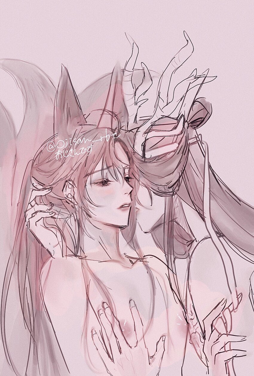 2boys ahoge animal_ears blush collarbone dragon_boy eastern_dragon_horns eyelashes fox_boy fox_ears fox_tail hand_in_another&#039;s_hair hand_on_another&#039;s_chest headband highres holding holding_ribbon kemonomimi_mode kiss kissing_cheek kitsune kyuubi lan_wangji long_hair looking_at_another male_focus modao_zushi monochrome multiple_boys multiple_tails nipples nude ojisan_rbt parted_lips pectoral_grab pectorals ponytail ribbon sidelocks sketch tail topknot twitter_username upper_body wei_wuxian white_headband yaoi