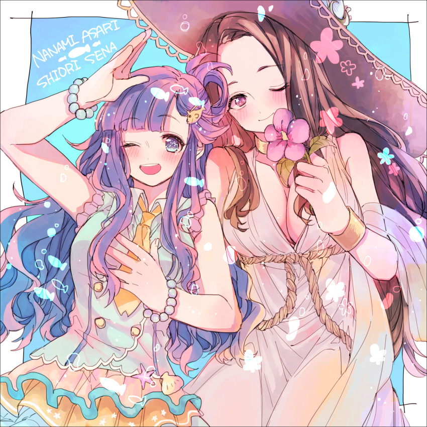 2girls amane_(7783) asari_nanami blue_background blue_shirt blush border bracelet breasts brown_hair cleavage collared_shirt commentary_request dress fish_hair_ornament flower hair_ornament hat highres idolmaster idolmaster_cinderella_girls jewelry large_breasts large_hat looking_at_viewer multiple_girls neckerchief one_eye_closed open_mouth pink_eyes pink_flower purple_eyes purple_hair purple_hat sena_shiori_(idolmaster) shirt sleeveless sleeveless_dress smile white_border white_dress yellow_neckerchief