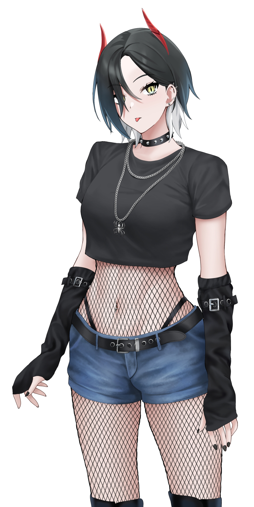 1girl absurdres azur_lane banba_(jakqbigone) belt black_belt black_choker black_hair black_shirt blue_shorts bodystocking choker crop_top cropped_shirt fishnet_bodystocking fishnets highres horns looking_at_viewer midriff multicolored_hair navel navel_piercing piercing red_horns shirt short_hair short_shorts short_sleeves shorts simple_background solo spiked_choker spikes standing tongue tongue_out two-tone_hair ulrich_von_hutten_(azur_lane) white_background yellow_eyes