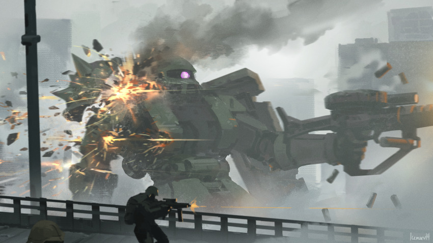 1boy absurdres artist_name assault_rifle building casing_ejection city commentary damaged debris english_commentary firing gun gundam highres holding holding_gun holding_weapon icemarv14 mecha mecha_focus mobile_suit mobile_suit_gundam one-eyed outdoors purple_eyes rifle robot science_fiction shell_casing smoke soldier sparks standing thrusters weapon zaku_ii