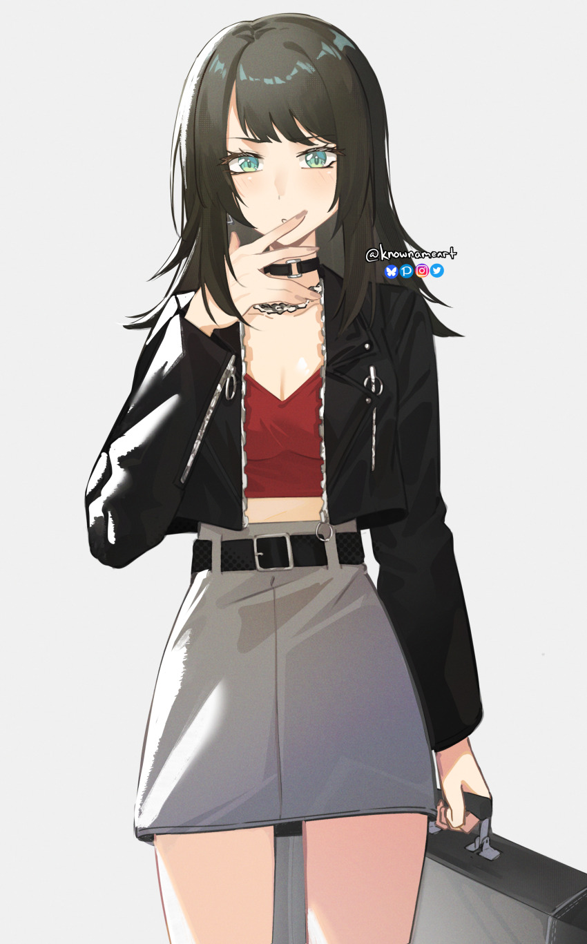 1girl absurdres bang_dream! bang_dream!_it&#039;s_mygo!!!!! belt black_belt black_choker black_hair black_jacket blush breasts choker cleavage commentary green_eyes grey_background grey_skirt highres jacket jewelry knowname long_hair long_sleeves looking_at_viewer midriff necklace open_clothes open_jacket open_mouth red_shirt shirt simple_background skirt solo twitter_username yahata_umiri zipper zipper_pull_tab