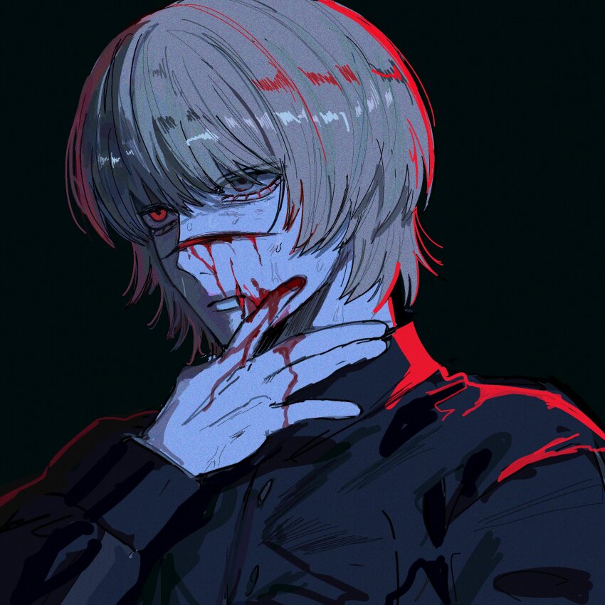 1boy badeni black_background black_shirt blonde_hair blood blood_on_face chi.:_chikyuu_no_undou_ni_tsuite closed_mouth collared_shirt grey_eyes hair_between_eyes heterochromia highres injury long_sleeves male_focus red_eyes shirt short_hair solo sweat tomato_79 upper_body wiping_face