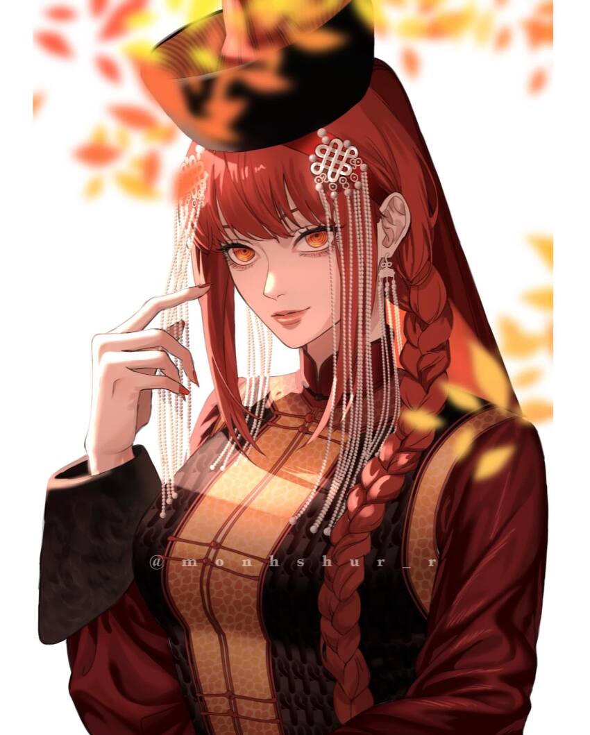 1girl beads blurry braid braided_ponytail breasts chainsaw_man commentary depth_of_field earrings hair_beads hair_ornament hair_over_shoulder highres instagram_username jewelry large_breasts leaf lips long_hair makima_(chainsaw_man) mongolian_clothes monhshur_r orange_eyes original red_hair red_nails red_veil ringed_eyes single_braid smile solo upper_body veil