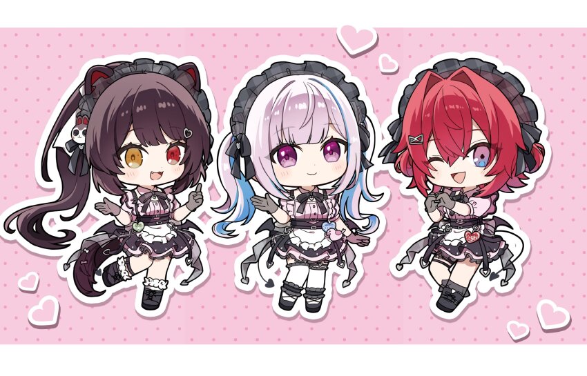1pinpon 3girls :3 :d ange_katrina animal_hair_ornament apron bat_wings black_boots black_headdress black_ribbon black_shoes black_skirt black_socks black_wings blue_eyes blue_hair blush bobby_socks boots brown_hair brown_tail cafe_cutemare_uniform chibi closed_mouth commentary_request demon_tail dog_girl dog_tail dot_nose double-parted_bangs double_bun drop_shadow fangs frilled_apron frilled_shirt frilled_skirt frilled_socks frilled_thighhighs frills gloves gradient_eyes grey_gloves hair_between_eyes hair_bun hair_intakes hair_ornament hairclip hand_up hands_up heart heart_hair_ornament heart_hands heterochromia highres index_finger_raised inui_toko layered_skirt letterboxed lize_helesta long_hair looking_at_viewer maid maid_headdress mini_wings miniskirt multicolored_eyes multicolored_hair multiple_girls name_tag nijisanji one_eye_closed open_mouth outline pink_background pink_shirt pink_skirt polka_dot polka_dot_background ponytail puffy_short_sleeves puffy_sleeves purple_eyes red_eyes red_hair ribbon sanbaka_(nijisanji) shirt shirt_tucked_in shoes short_sleeves skirt smile socks standing standing_on_one_leg streaked_hair tail thigh_strap thighhighs twintails two-tone_hair very_long_hair virtual_youtuber waist_apron white_apron white_hair white_outline white_socks white_thighhighs wings yellow_eyes