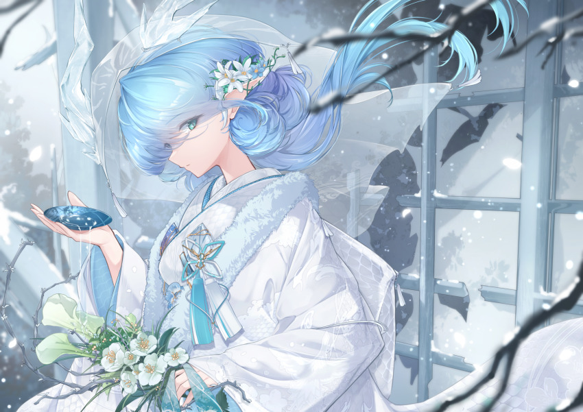 1girl aqua_eyes blue_eyes blue_hair blurry blurry_foreground bouquet branch bride closed_mouth cup depth_of_field elf floating_hair flower from_side fur_trim hair_flower hair_ornament hand_up highres holding holding_bouquet holding_cup holding_flower japanese_clothes kimono long_hair long_sleeves looking_at_viewer original parted_lips pointy_ears profile sakazuki shiromuku sideways_glance sleeves_past_wrists sliding_doors snow snowing solo tassel uchikake upper_body veil wataboushi white_flower white_kimono wide_sleeves wind winter yue_ying_jin_feng