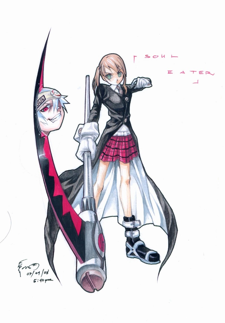 1boy 1girl 2008 black_boots blonde_hair boots chalkboard copyright_name dated dominic_ian_cabatit full_body gloves green_eyes grin hand_up highres holding holding_scythe long_sleeves looking_at_viewer maka_albarn necktie plaid_clothes plaid_skirt red_eyes red_skirt school_uniform scythe skirt smile solo soul_eater standing striped_necktie timestamp twintails v-shaped_eyebrows white_gloves white_hair