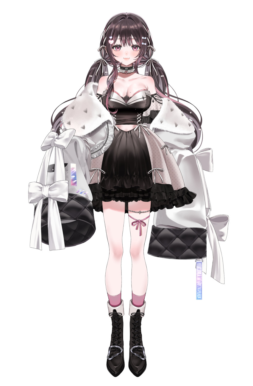 1girl astars_production black_shirt black_shoes black_skirt blush breasts brown_hair choker closed_mouth crop_top full_body hair_ornament heart heart_hair_ornament highres jacket lenezmee_dollnyx lock long_hair looking_at_viewer low_twintails mole mole_on_breast multicolored_hair official_art open_clothes open_jacket pink_eyes pink_hair pink_socks shirt shoes simple_background sinomi skirt sleeves_past_fingers sleeves_past_wrists socks solo standing streaked_hair tachi-e transparent_background twintails virtual_youtuber white_jacket