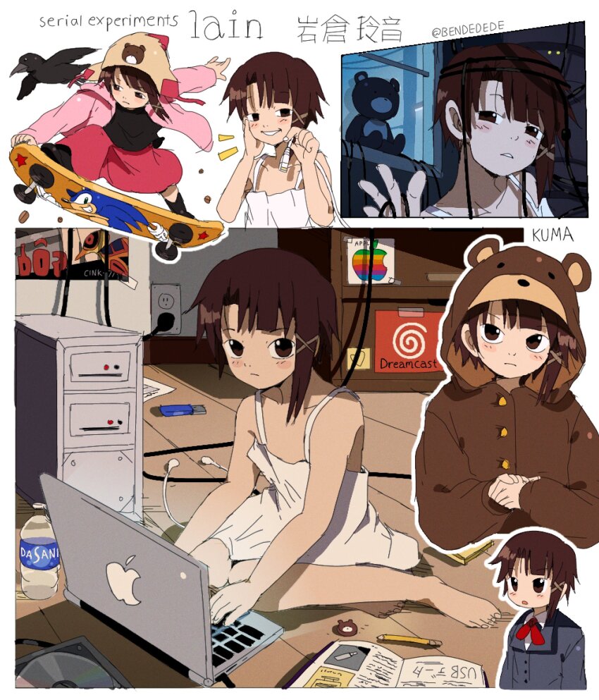 1girl animal_costume animal_print apple_inc. arm_up asymmetrical_bangs bare_shoulders beanie bear_costume bear_print bendedede bird blush border bottle brown_eyes brown_hair buttons camisole cd closed_mouth collage collarbone commentary computer computer_tower copyright_name cropped_torso crow earflap_beanie electrical_outlet english_commentary entangled floor game_console hair_ornament half-closed_eyes hands_up hard_drive hat head_tilt highres holding holding_skateboard hood hood_up indoors iwakura_lain jacket knees_together_feet_apart laptop long_sleeves looking_at_viewer looking_to_the_side loose_clothes medium_hair midair neck_ribbon night night_sky notebook on_floor open_clothes open_jacket outline oversized_clothes own_hands_together parted_lips pencil pink_jacket pink_skirt plug poster_(object) red_ribbon ribbon school_uniform sega_dreamcast serial_experiments_lain signature single_sidelock sitting skateboard skateboarding skirt sky sleeveless smile smug solo sonic_(series) sonic_the_hedgehog sticky_note stuffed_animal stuffed_toy teddy_bear teeth triangle_mouth typing wariza water_bottle white_background white_border white_camisole white_outline window wire x_hair_ornament