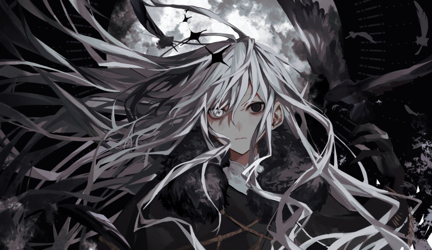 1girl bird black_eyes black_gloves closed_mouth commentary_request crow feathers floating_hair full_moon gloves grey_hair heterochromia highres iwai_ku_tsuki long_hair looking_at_viewer moon neck_pillow original solo upper_body very_long_hair wavy_hair white_eyes