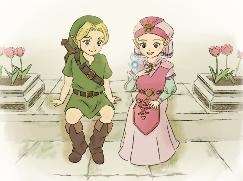 1boy 1girl aqua_sleeves arm_support belt blonde_hair blue_eyes boots brooch brown_belt brown_footwear child closed_mouth commentary_request dress fairy flower green_hat green_tunic hand_up hat highres imokuma jewelry juliet_sleeves kokiri_sword link long_dress long_sleeves looking_at_another navi nintendo open_mouth pink_dress pink_flower pink_hat pointy_ears princess_zelda puffy_sleeves shoulder_belt sitting smile sword sword_on_back the_legend_of_zelda the_legend_of_zelda:_ocarina_of_time triforce tunic two-tone_dress weapon weapon_on_back young_link young_zelda
