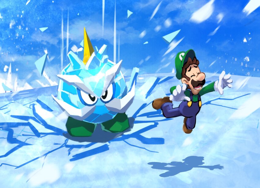 1boy 1other blue_overalls blue_sky boots brown_footwear brown_hair chief_chilly closed_eyes day facial_hair gloves green_hat ground_shatter hat highres ice lower_teeth_only luigi mario_(series) mustache nintendo open_mouth outdoors overalls shadow short_hair sky super_mario_64_ds teeth white_gloves ya_mari_6363