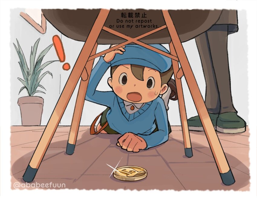 2boys abarenbou_bifun black_eyes blue_headwear blue_sweater blush border brown_hair brown_pants newsboy_cap chair collared_shirt commentary gameplay_mechanics green_footwear green_shorts hand_on_headwear hand_up hat hershel_layton indoors long_sleeves looking_at_viewer luke_triton lying multiple_boys on_floor on_stomach open_mouth out_of_frame pants plant potted_plant professor_layton shirt shoes short_hair shorts standing suspenders sweatdrop sweater symbol-only_commentary white_border white_shirt