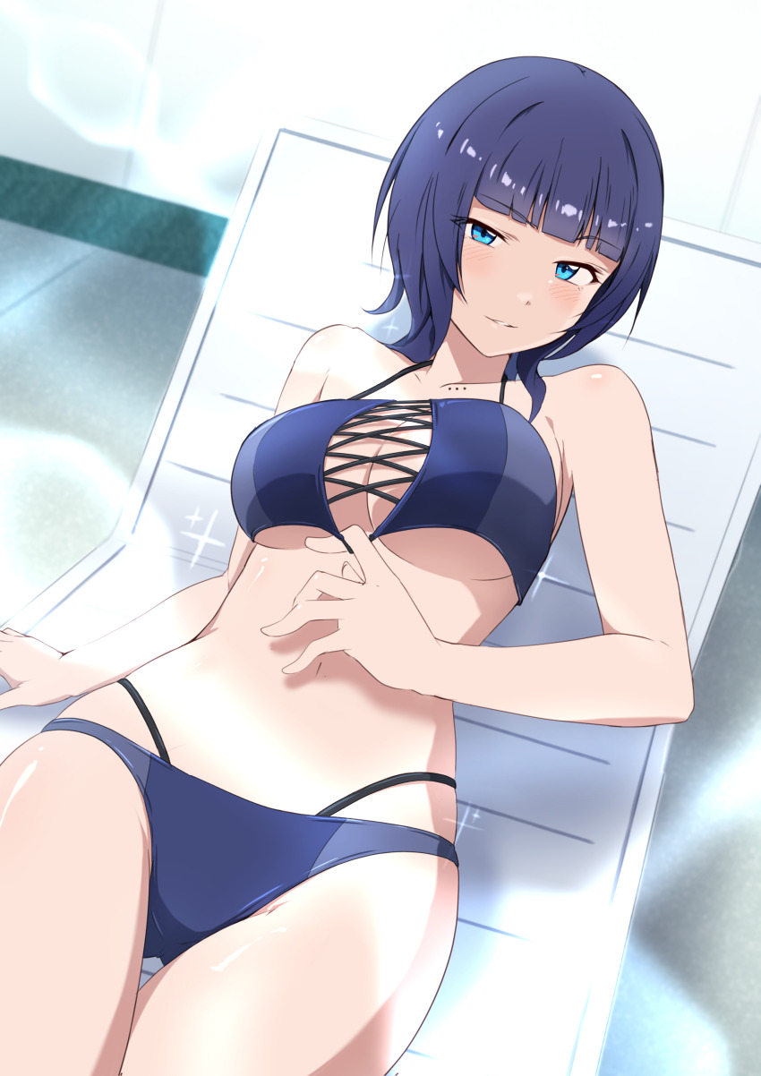 1girl absurdres asaka_karin bikini birthday blue_eyes blue_hair blunt_bangs blush breasts cleavage collarbone commentary highres large_breasts looking_at_viewer love_live! love_live!_nijigasaki_high_school_idol_club mole mole_on_collarbone multiple_moles short_hair solo swimsuit zasshoku_ojisan