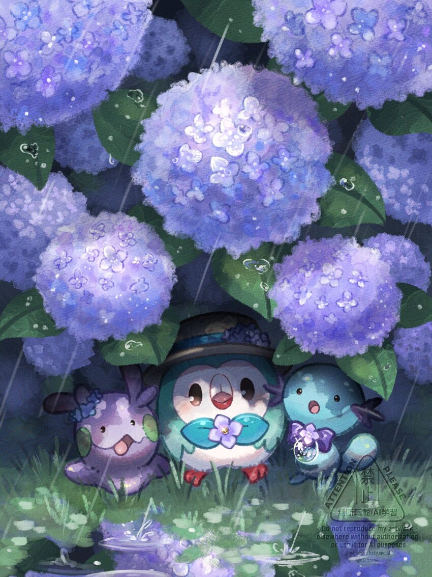 :o absurdres alternate_color animal_focus bird bow bowtie clothed_pokemon commentary_request dew_drop flower_wreath gen_2_pokemon gen_6_pokemon gen_7_pokemon goomy grass hat highres leaf looking_at_viewer nintendo no_humans open_mouth owl pokemon pokemon_(creature) puddle purple_bow purple_bowtie rain rcitizen4 rowlet shiny_pokemon standing tail water_drop watermark wooper