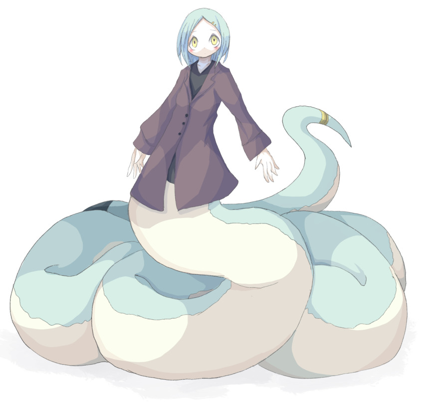 1girl 4138 buttons coat female_focus full_body green_hair hair_ornament hairclip highres lamia monster_girl original simple_background solo tail_ornament tail_ring white_background yellow_eyes