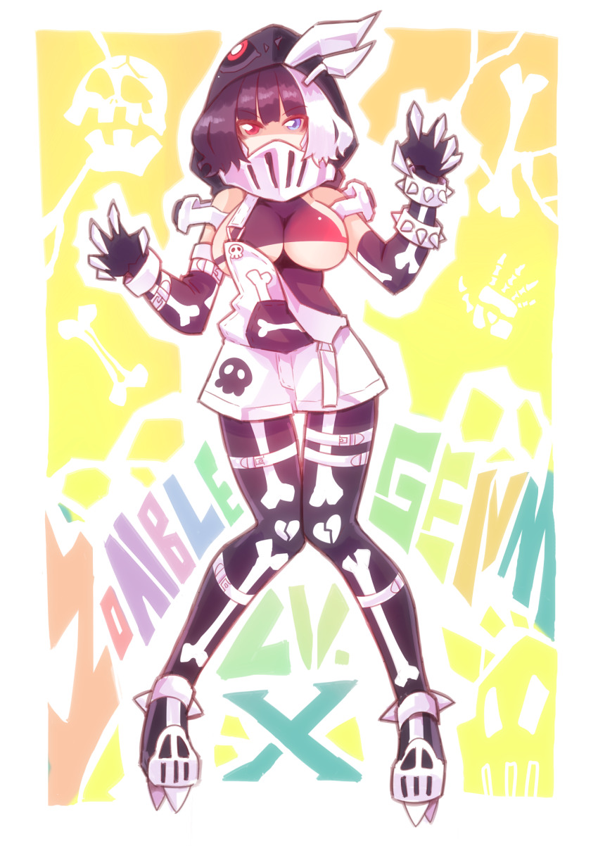 1girl armband black_gloves black_hair black_pantyhose black_shirt blue_eyes bone bone_print bracelet breasts broken_heart broken_heart_print claw_pose claws cleats ditienan_ddn gloves heart heart_print heterochromia highres hood hood_up jewelry kamen_rider kamen_rider_ex-aid_(series) kamen_rider_genm large_breasts looking_at_viewer mask multicolored_hair overalls pantyhose personification print_overalls print_pantyhose red_eyes respirator rider-tan shirt shoes short_hair skull skull_print sleeveless sleeveless_shirt spiked_bracelet spikes standing thigh_strap two-tone_hair underboob white_hair white_overalls white_shoes yellow_background zombie_gamer_level_x