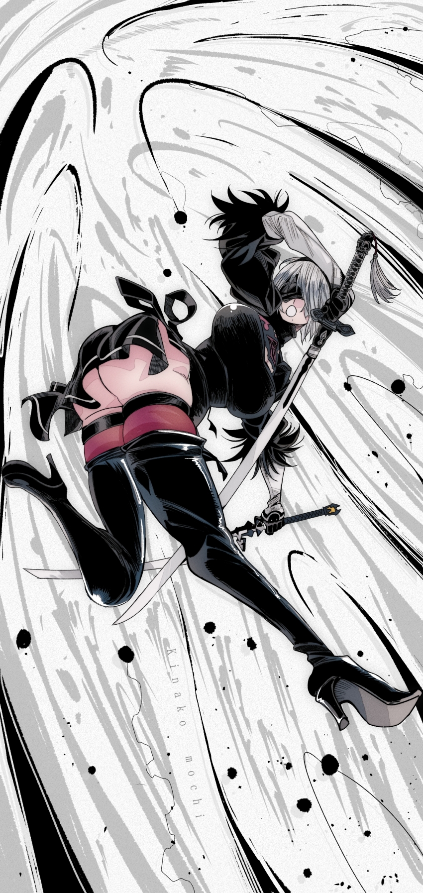 1girl 2b_(nier:automata) ass black_boots black_dress black_gloves blindfold boots breasts cleavage cleavage_cutout clothing_cutout dress dual_wielding from_behind gloves hairband high_heels holding holding_sword holding_weapon katana kinakomochi_(user_vedc2333) large_breasts leaning_forward looking_back mole mole_under_mouth motion_lines nier:automata nier_(series) open_mouth puffy_sleeves running shirt short_hair short_sleeves square_enix sword tassel thick_thighs thigh_boots thighs weapon white_background white_shirt