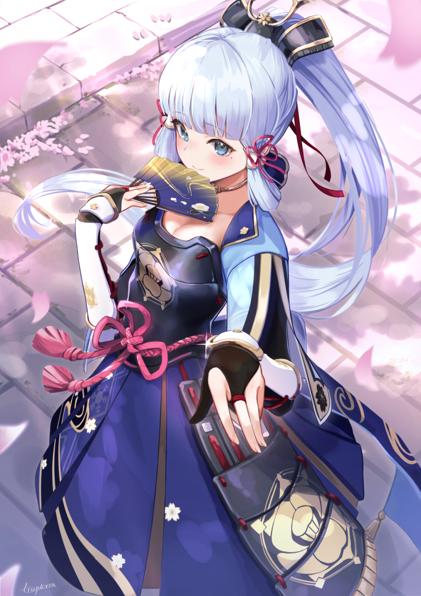 1girl armor ayaka_(genshin_impact) blue_hair blunt_bangs chinese_knot dappled_sunlight dou falling_petals folding_fan genshin_impact hamanashi_(trapiorra) hand_fan highres holding holding_fan japanese_armor kusazuri long_hair looking_at_viewer mole mole_under_eye petals smile solo sunlight