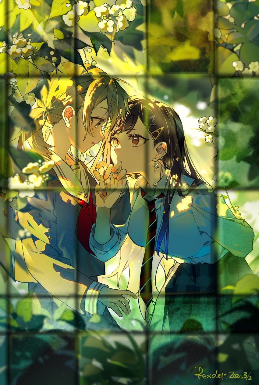 2girls absurdres arm_behind_back azusawa_kohane blue_hair breasts brown_eyes commentary_request dark_blue_hair earrings flower greenhouse hair_ornament hairclip highres holding holding_flower jewelry jingzhaowhale light_brown_hair long_hair low_twintails medium_breasts multiple_girls necktie orange_eyes parted_lips project_sekai shiraishi_an small_breasts star_(symbol) star_hair_ornament twintails yuri