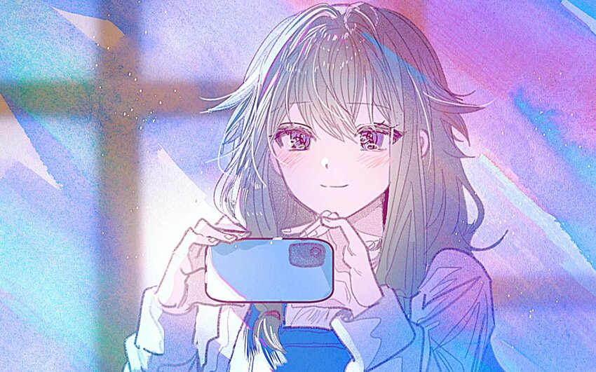1girl blush cellphone closed_mouth commentary_request fingernails green_hair korean_commentary kusanagi_nene long_hair long_sleeves low-tied_sidelocks pho phone project_sekai purple_eyes sanya_(hwanmul) sidelocks smartphone smile solo split_mouth upper_body wavy_hair