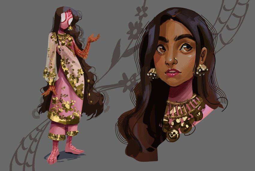 1girl boots brown_hair clarissa_herrera commentary commission dark-skinned_female dark_skin earrings english_commentary grey_background hair_behind_ear head_tilt highres indian_clothes jewelry long_hair looking_at_viewer marvel mask multiple_views open_hand original parted_lips pink_boots pink_lips sari spider-man_(series) spidersona very_long_hair